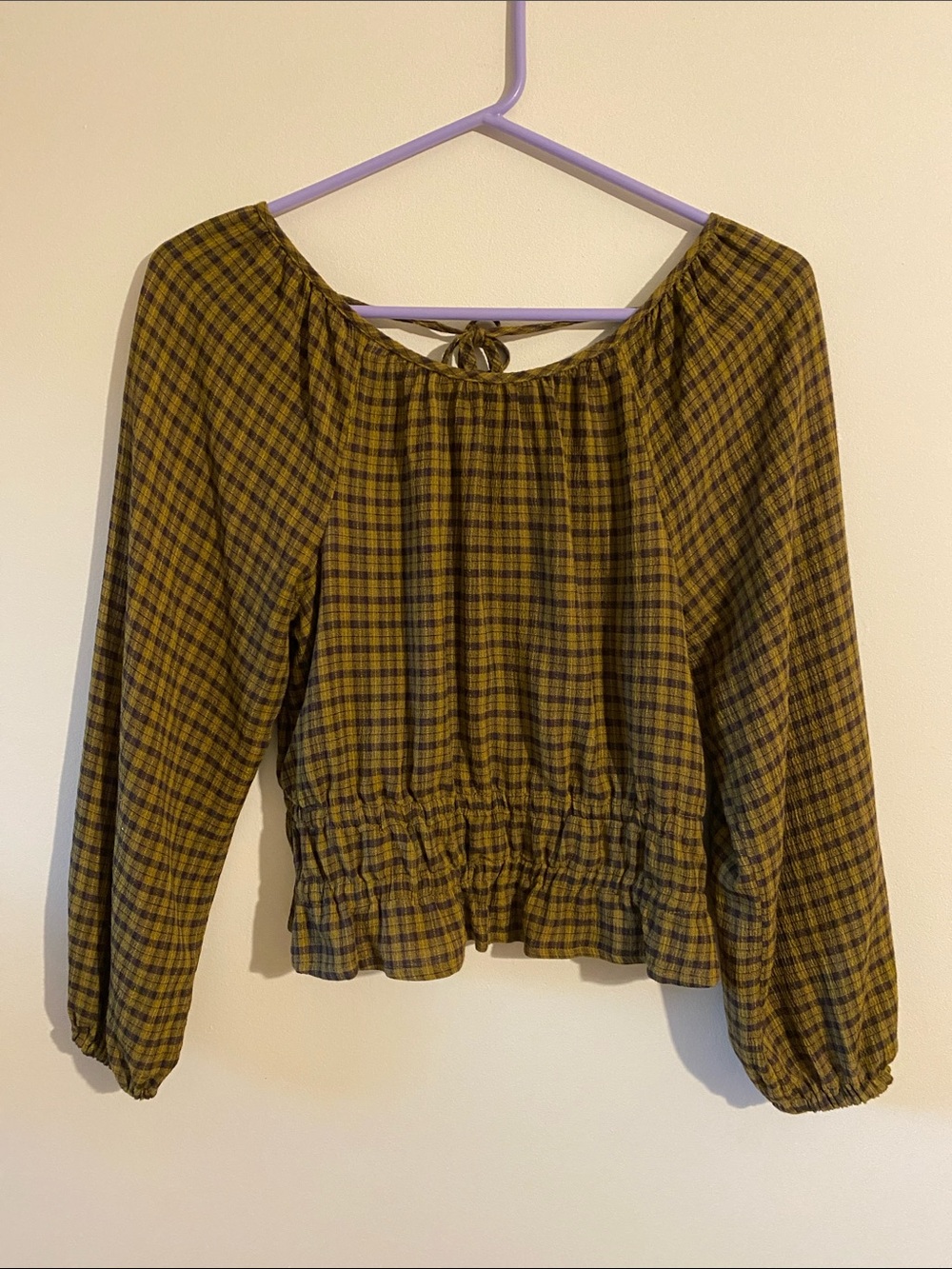 Madewell Mustard Plaid Off-Shoulder Peasant Top